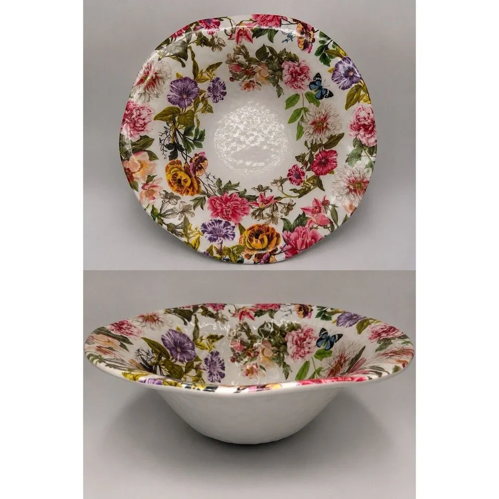 Michel Design Works Peony 14” Large Melamine Serving Salad Bowl Floral Butterfly